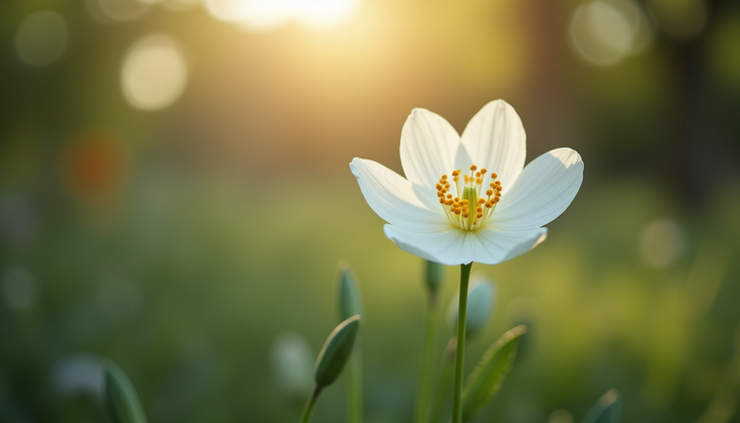 Close-up view of a single blooming white flower in a quiet garden