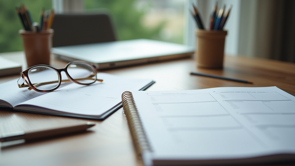 Eye-level view of a well-organized workspace with planners and stationery