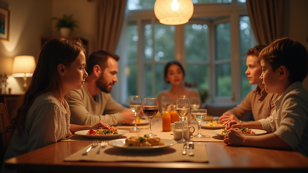 Eye-level view of a cozy family gathering around a dinner table