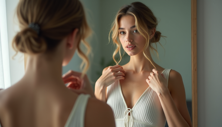 Eye-level view of a person adjusting their outfit in front of a mirror