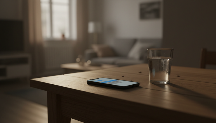 Close-up view of a phone glowing with unread messages on a kitchen table