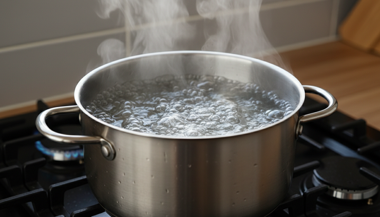 Close-up view of clear water boiling in a metal pot on a stove.