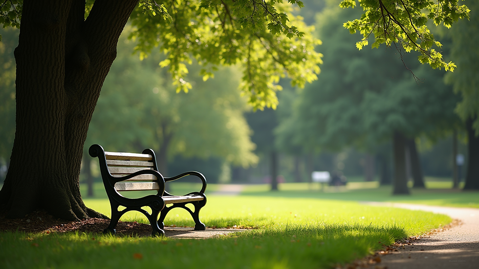 A quiet park bench under a shady tree
