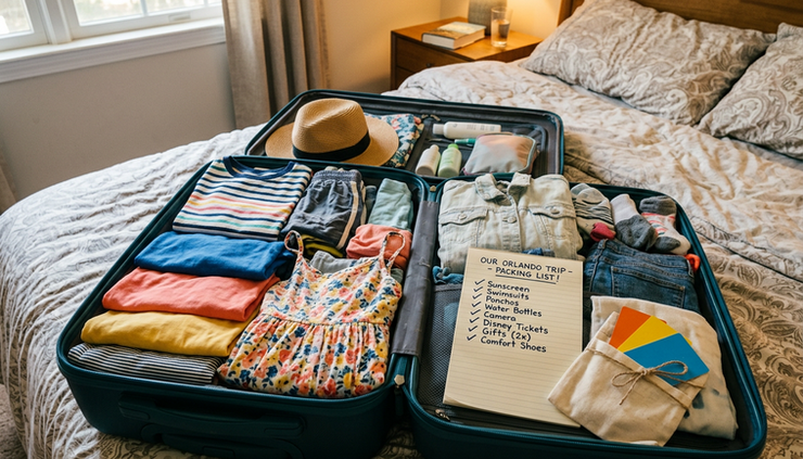 Wide-angle view of a packed family suitcase beside vacation notes and colorful gift cards