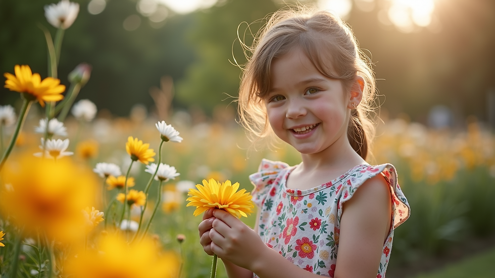 Eye-level view of a young girl in a floral dress, smiling at a flower garden.