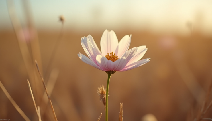 Eye-level view of a single blooming flower standing tall in a field of dry grass