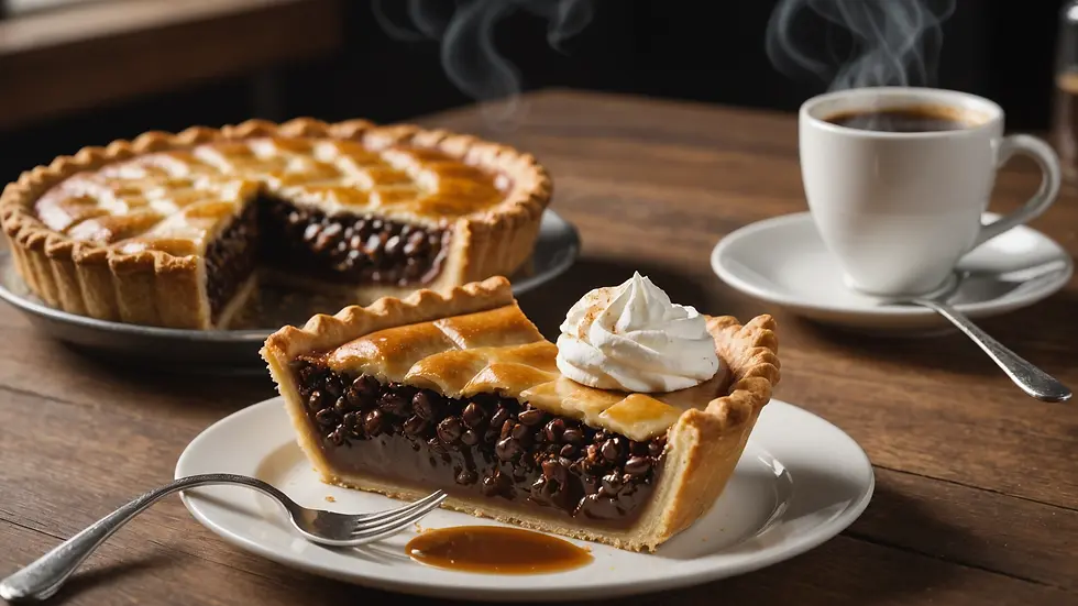 Eye-level view of a steaming cup of coffee and pie
