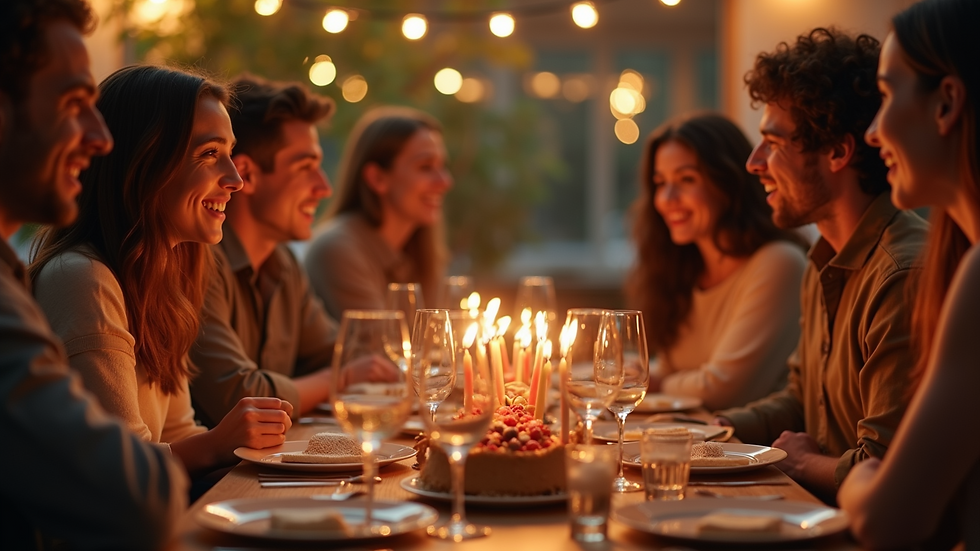 Eye-level view of a cozy gathering of friends celebrating a birthday