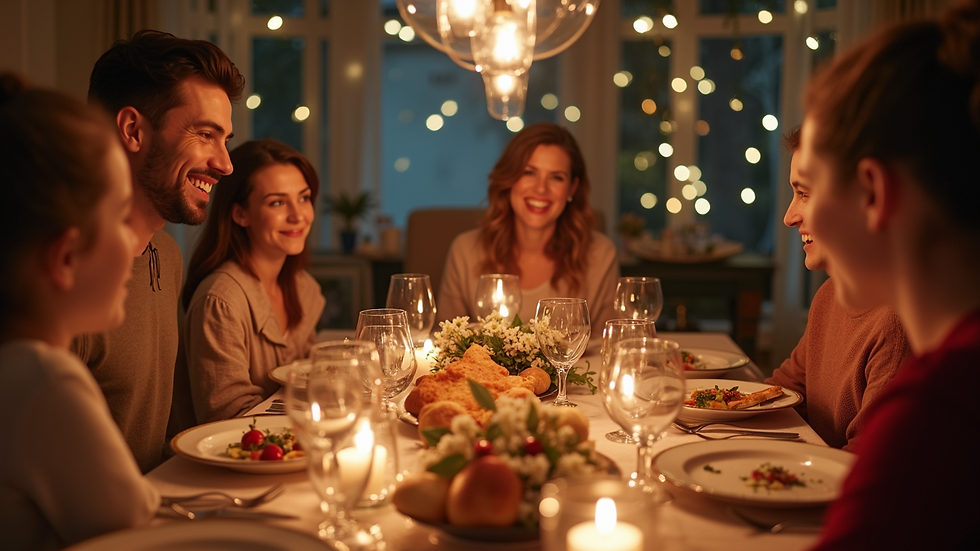 Eye-level view of a family gathered around a festive dinner table