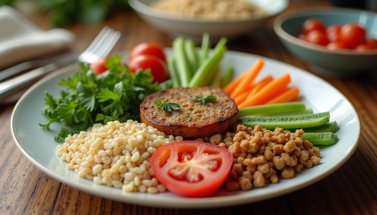 Eye-level view of a colorful balanced lunch plate with vegetables, grains, and protein