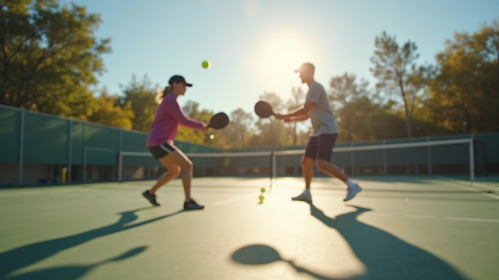 Eye-level view of players returning serves on a sunny pickleball court