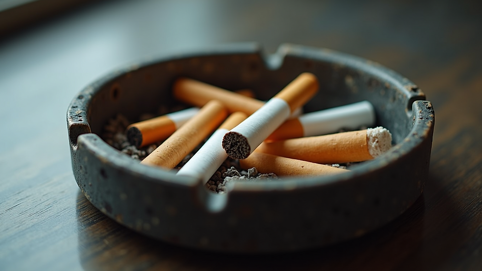 Eye-level view of an ashtray filled with cigarette butts
