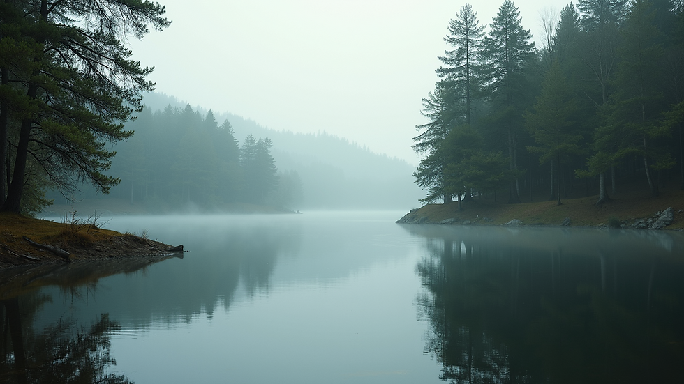Wide angle view of a tranquil lake surrounded by trees