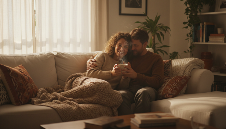 Eye-level view of two people sitting quietly together on a living room couch