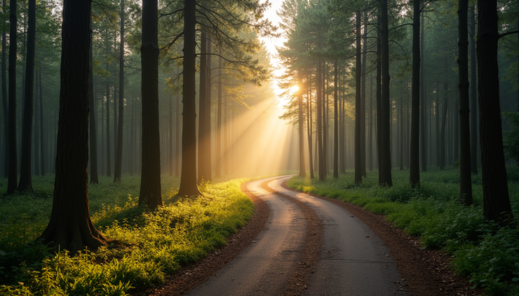 Eye-level view of a winding forest path surrounded by tall trees