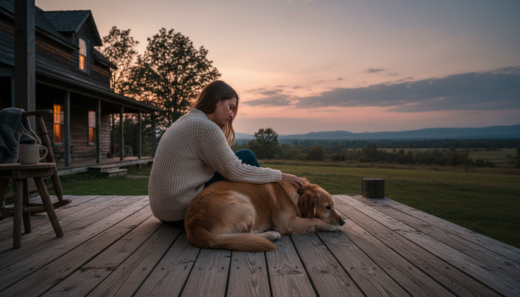 Wide-angle view of a person sitting quietly beside a dog on a porch at dusk.