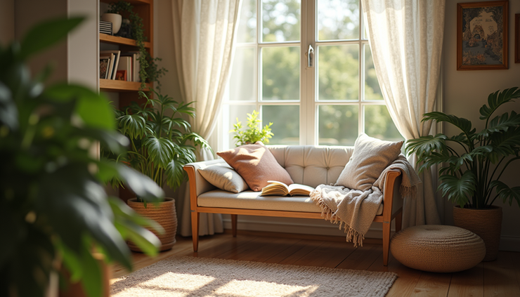 Eye-level view of a cozy reading nook with natural light and plants
