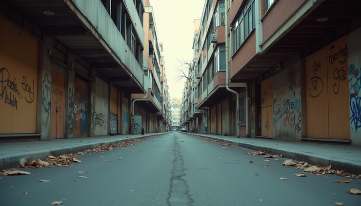 Eye-level view of a dimly lit urban street with boarded-up shops and graffiti-covered walls