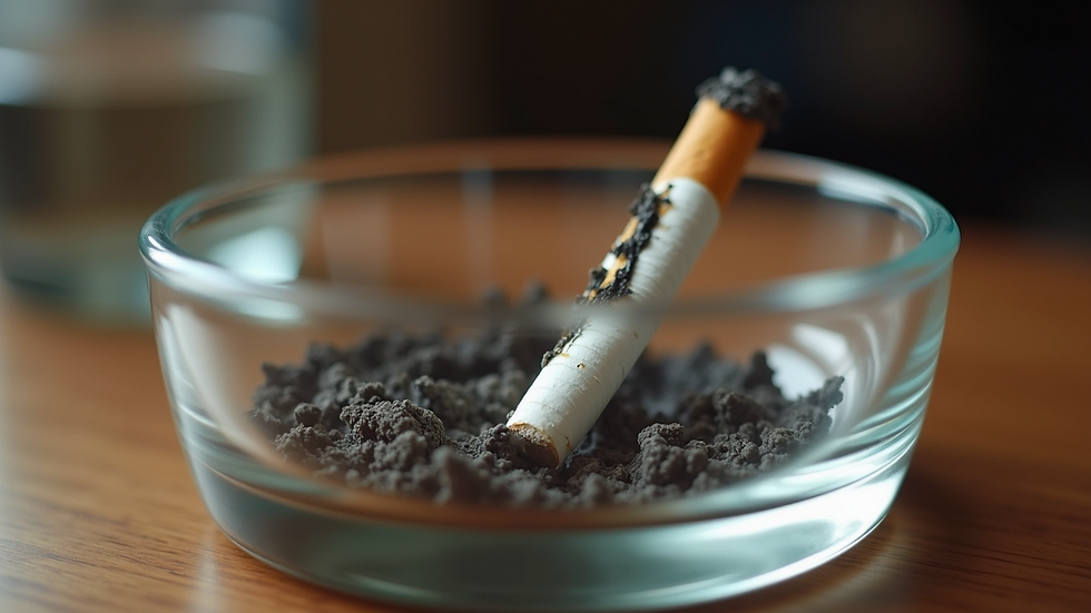 Close-up view of burnt cigarette butt in a glass ashtray