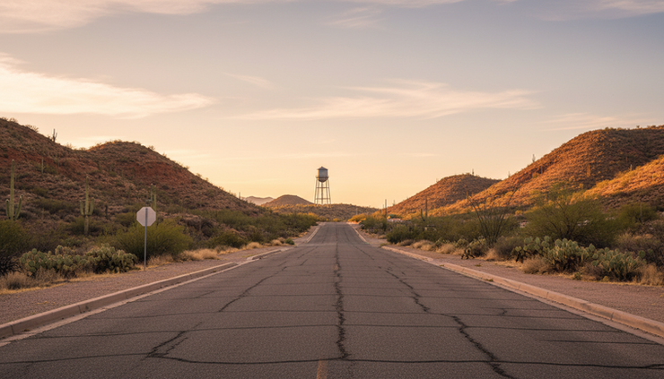 Wide-angle view of a small desert community street with water towers in the distance.