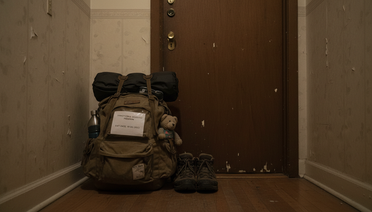 Eye-level view of a packed backpack beside a quiet apartment door at night