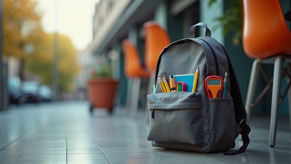 Eye-level view of a neatly organized backpack filled with school supplies