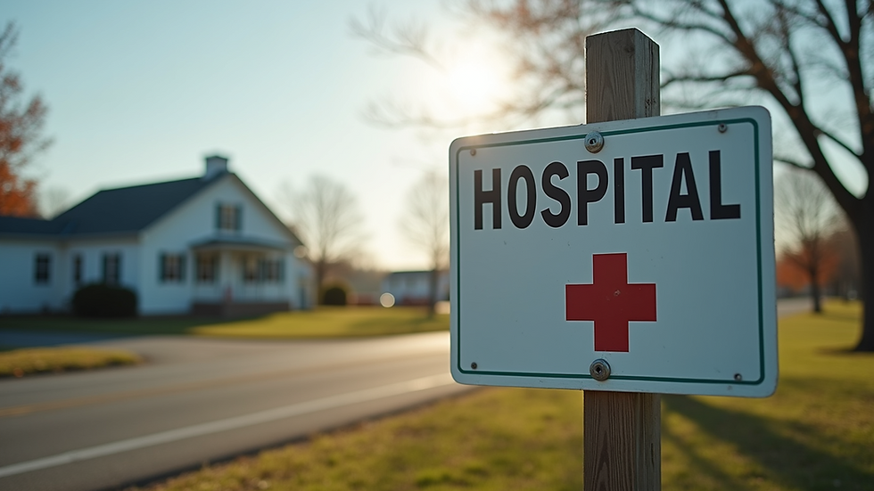 A view of a small rural hospital sign indicating access to health care