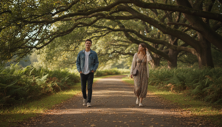 Wide-angle view of two people walking through a quiet park path with space between them.
