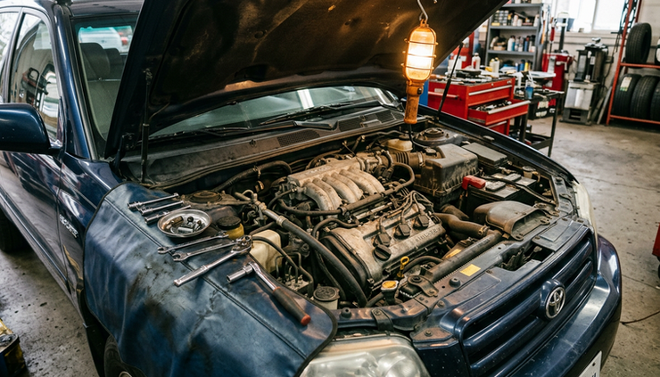 Wide-angle view of an older Toyota Highlander engine bay during a careful inspection