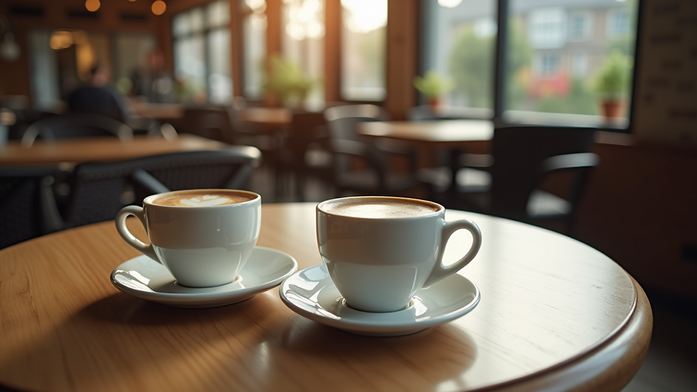 High angle view of an empty cafe table with two coffee cups