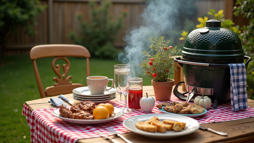 High angle view of a tranquil backyard barbecue setup adorned with red, white, and blue decor