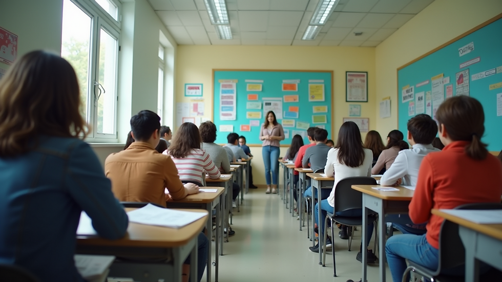 Eye-level view of a classroom filled with colorful posters and engaged students
