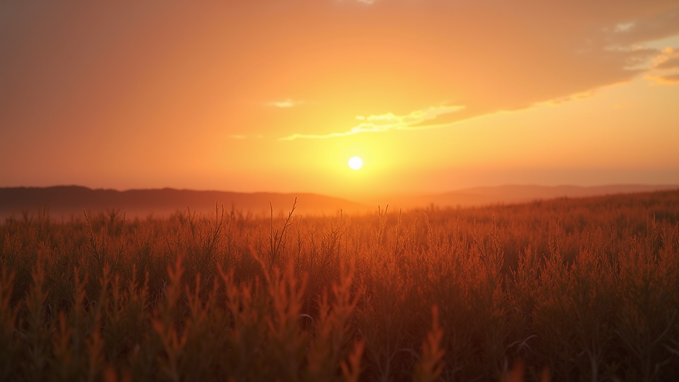 Close-up view of a serene landscape with a sunset