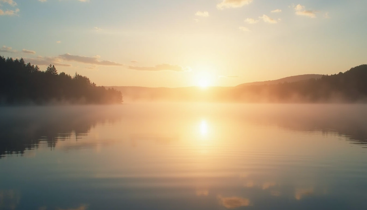Eye-level view of a calm lake at sunrise with soft morning light reflecting on the water