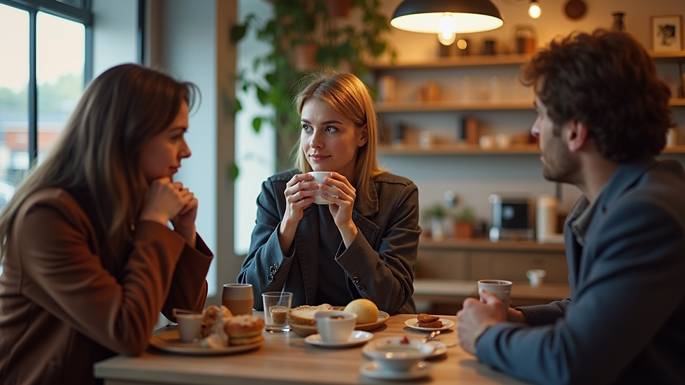 Close-up view of two friends enjoying a coffee at a café