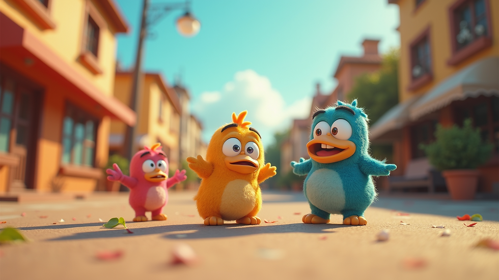 Eye-level view of a colorful cartoon scene featuring whimsical characters