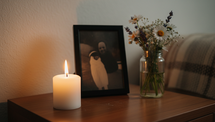 Close-up view of a candle glowing beside a framed photo and small flowers.