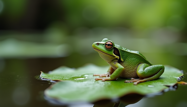 Eye-level view of a small green frog sitting on a wet leaf near a pond