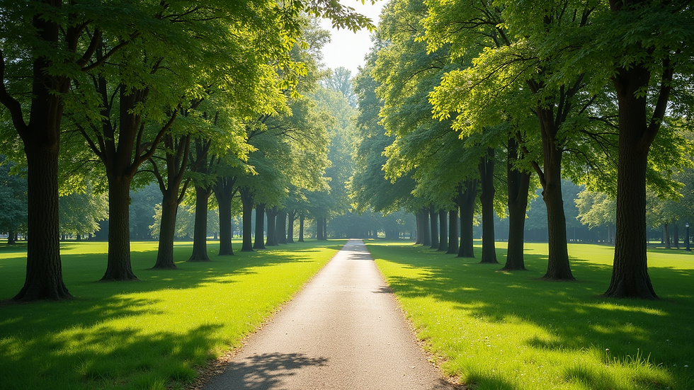 Eye-level view of a serene park with a walking path and lush greenery