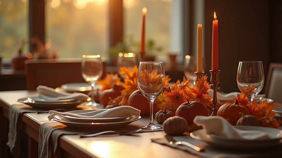 Close-up view of a cozy family dinner table set with warming autumn colors