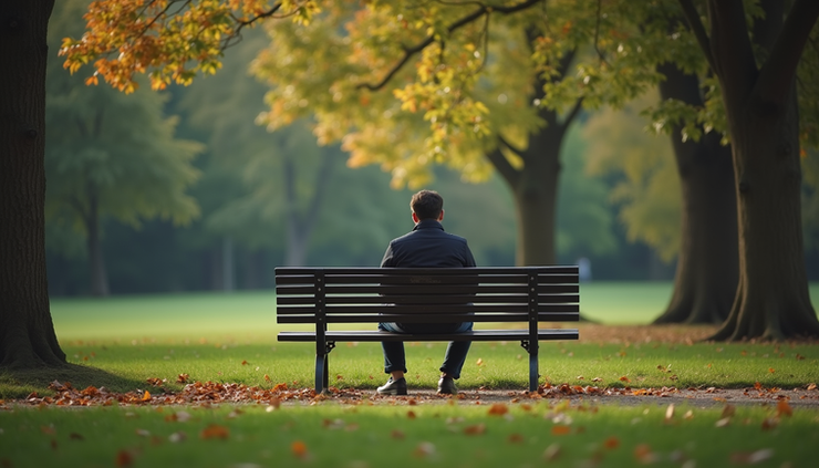 Eye-level view of a person sitting on a park bench surrounded by trees, reflecting quietly