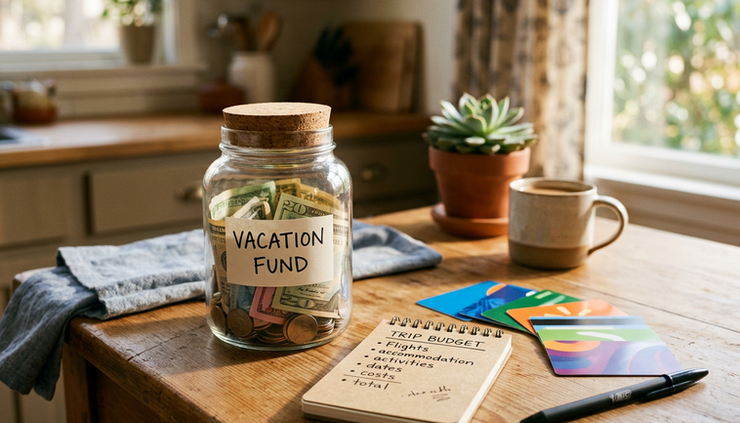 Eye-level view of a family vacation savings jar beside colorful gift cards and a small notebook