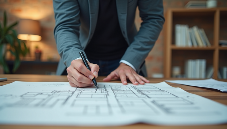 Eye-level view of a man sketching architectural plans on a wooden table