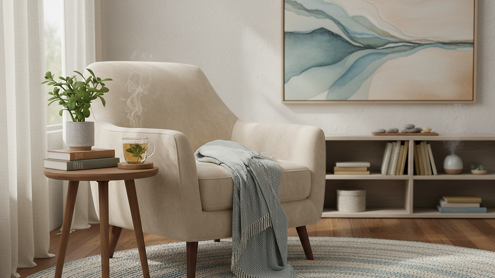 Close-up view of a mental health professional’s office with calming decor