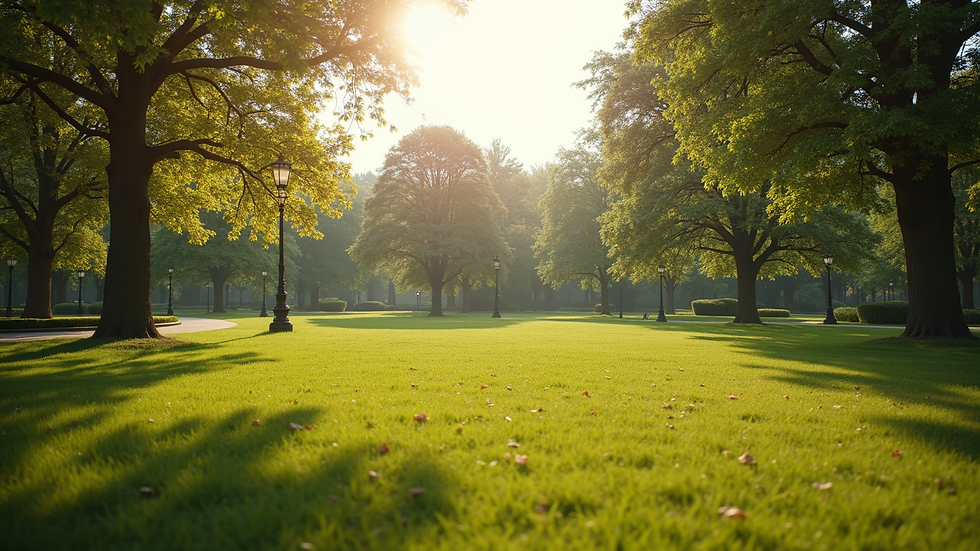 Wide angle view of a peaceful park landscape ideal for mental wellness