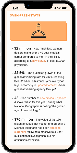The Bagel newsletter on a phone. Oven-fresh Stats section.