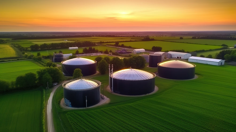 Green biogas plant storage tanks. Aerial view over biogas plant and farm in green fields.