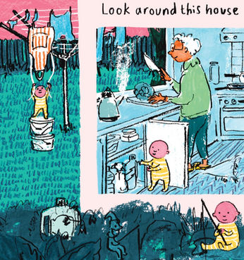 old person and baby in kitchen illustration