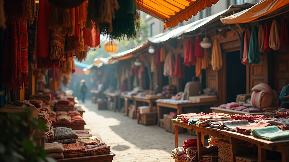 Eye-level view of a textile stand at a local market