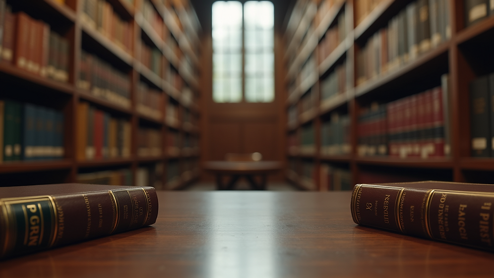 Eye-level view of a law library with books and legal texts